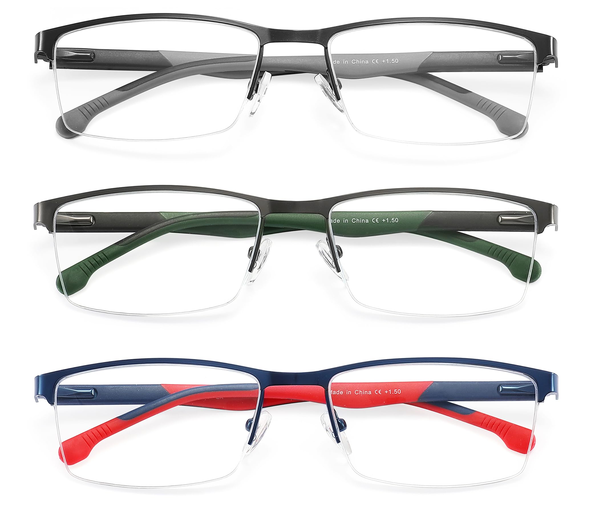 MODFANS Un Pack de 3 Gafas de Lectura Hombres Mujeres Anti Luz Azul,Rectangular Metal Acero Inoxidable - Lente Clara,Vision Clara - Ligeras Comodas,Colores Mezclados