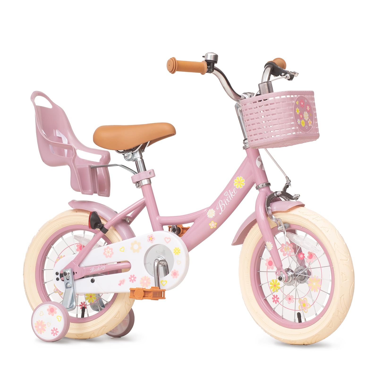Bixike Girls Bike with Basket for Toddlers and Kids Aged 3-8 Years Old,14 and 16 Inch Kids Bike with Bell and Training Wheels, Princess Style Bicycle with Doll Seat & Daisy Prints