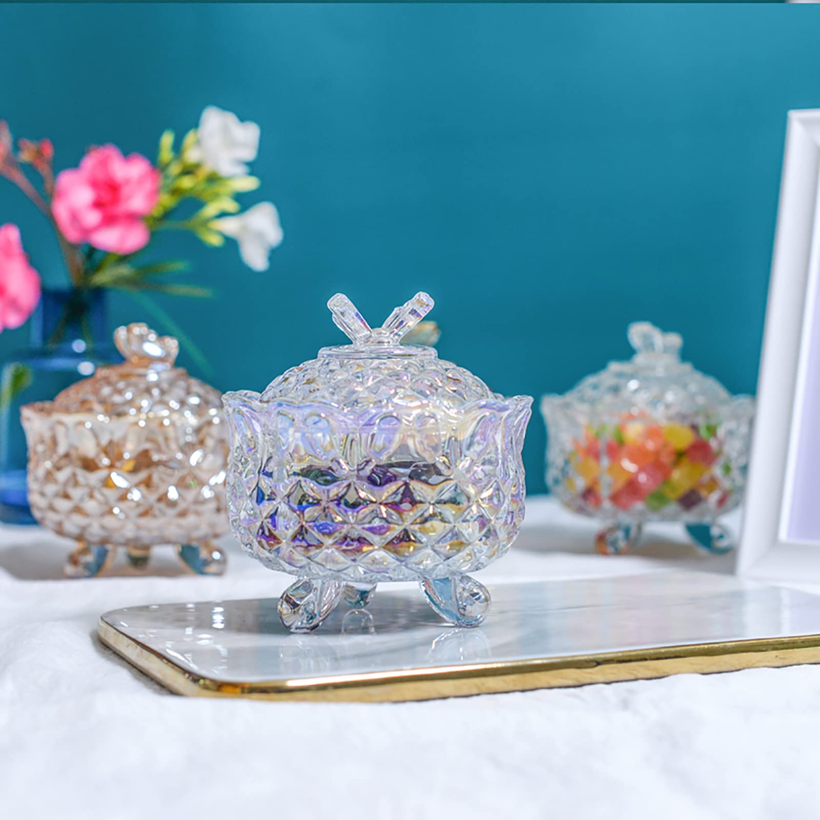 Cedilis 4 Pack Crystal Glass Candy Dish with Lid, 9oz Decorative Crystal Candy Bowl, Small Candy Buffet Jars, Royal Embossed Footed Candy Box, Vanity Dresser Jar for Wedding Party