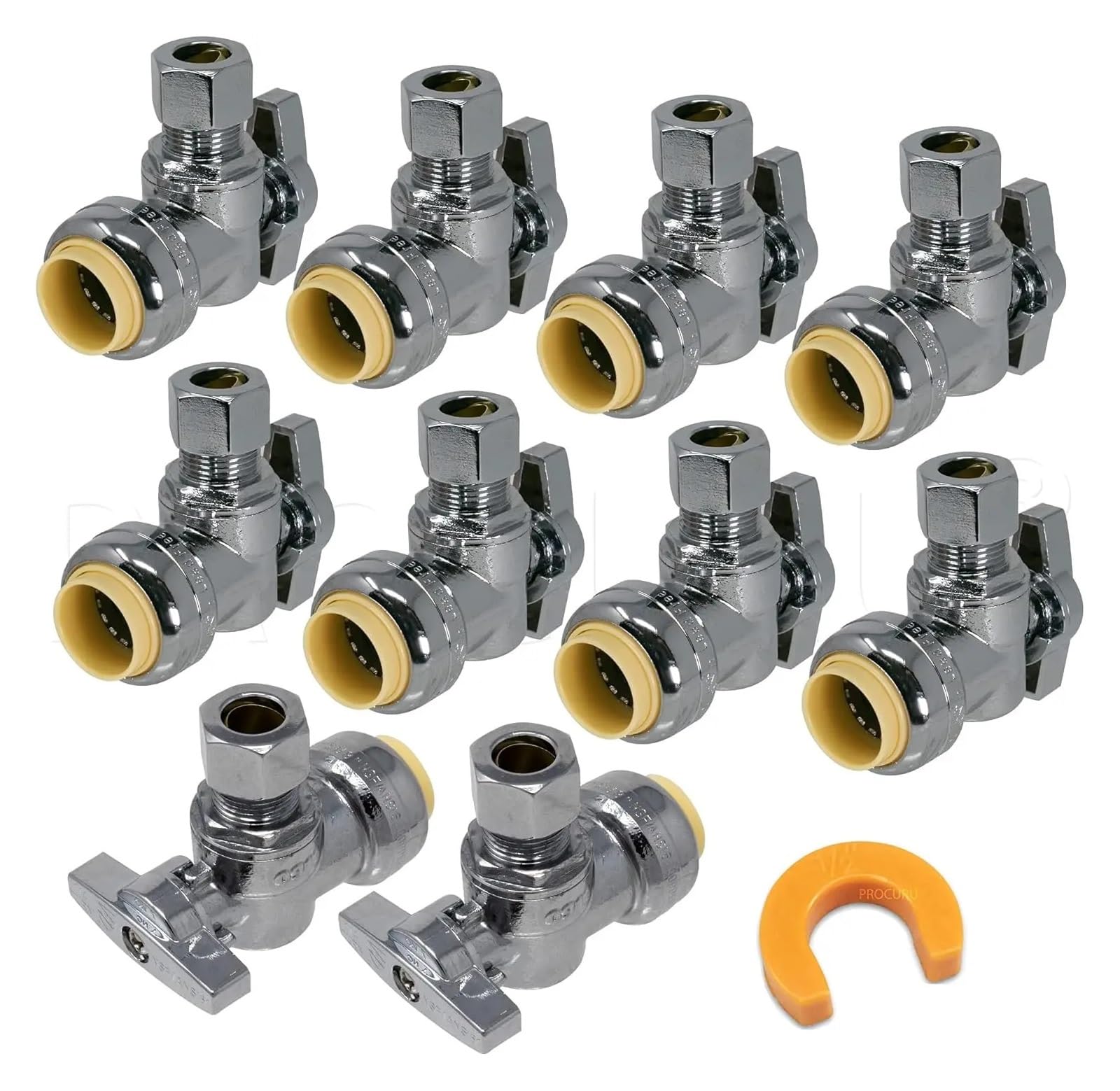 Yangshe One Color 10-Pack Pushfit Angle Stop Valve, 1/2" Push X 3/8" Od Comp, Quarter-Turn Brass Shutoff For Copper, Pex, Cpvc Pipes
