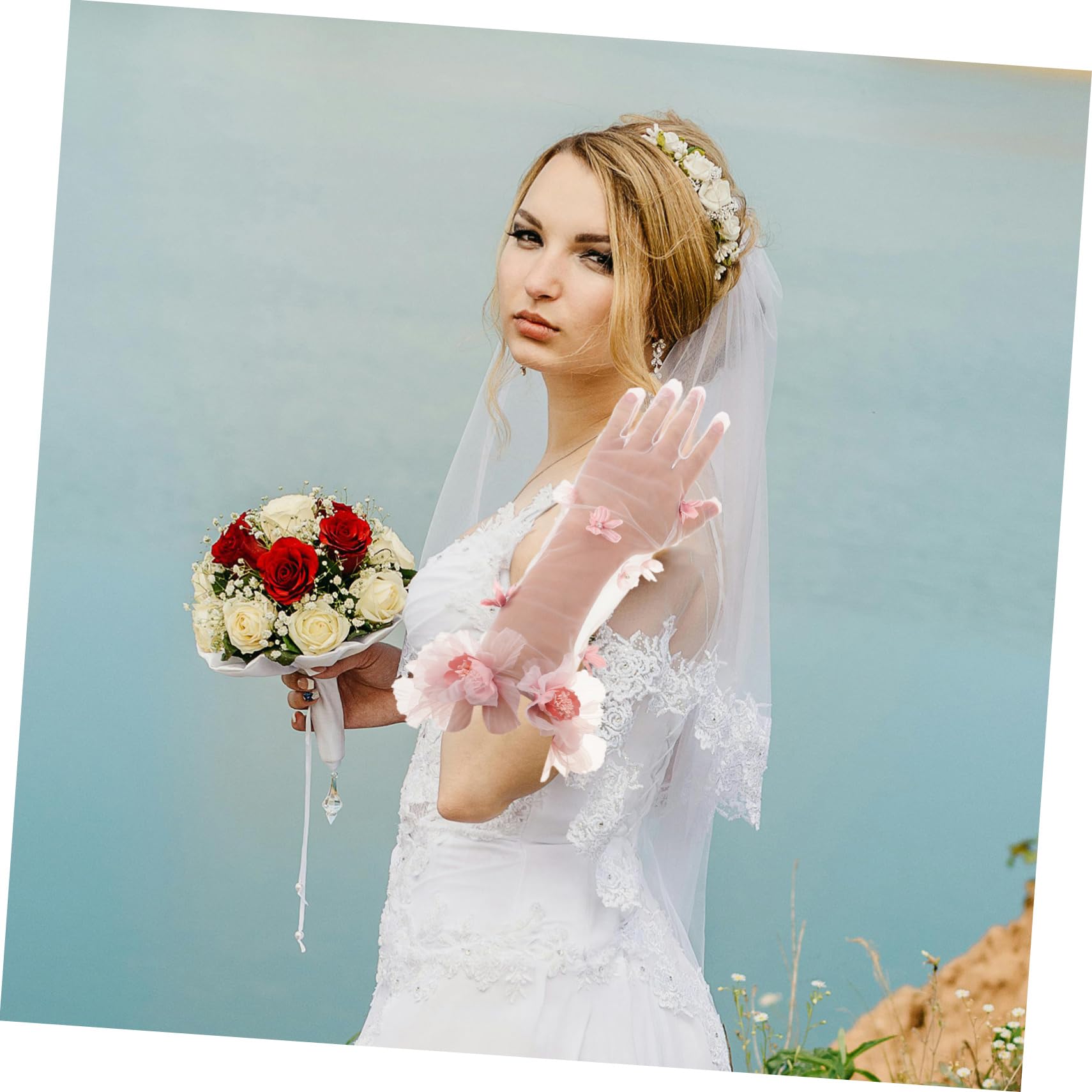 Gatuida Guantes de Novia de Tul Rosa, Largos y Ligeros, Transpirables y Cómodos para Boda o Fiesta de Té,