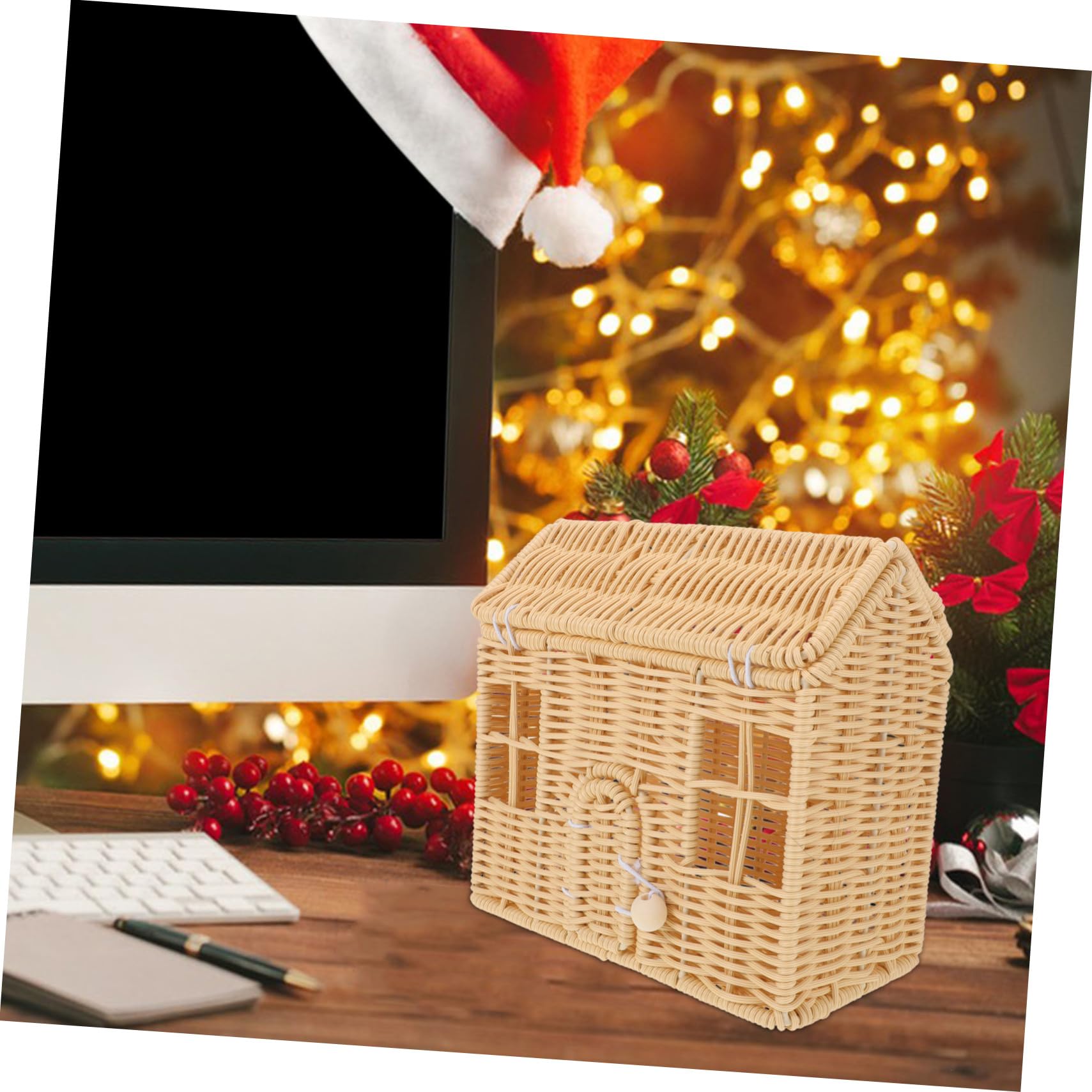 SOIMISS Cesta de Dulces Navideña Tejida Mano con Asa de Canasta de Casa de Ratán Imitación para Dulces y Regalos Decoración de Shower Canasta de Almacenamiento
