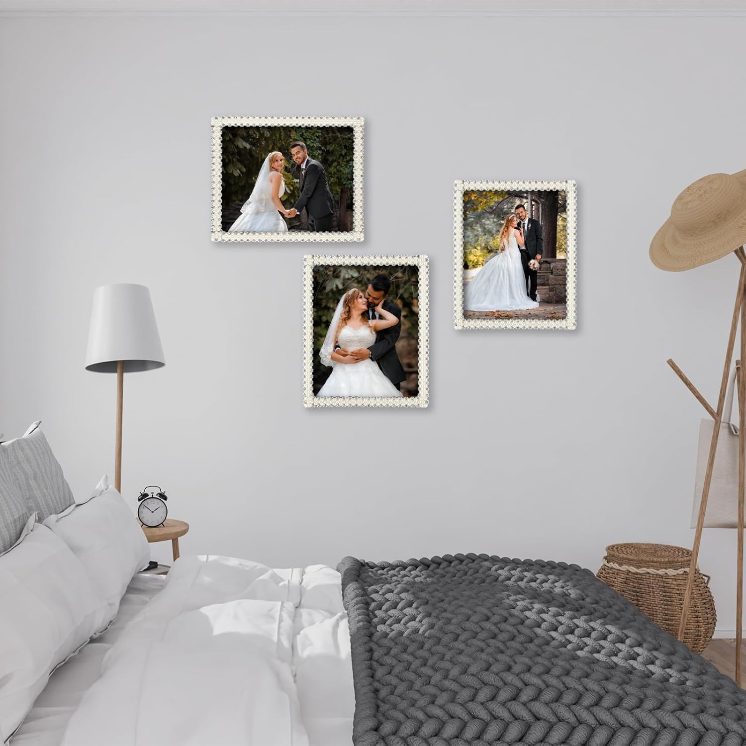 8x10 Wedding Picture Frame With Pearl And Crystal Decor , Silver Plated Photo Frames With High Definition Glass , Horizontal And Vertical Decor Tabletop Or Wall Mounting Display For Bedroom
