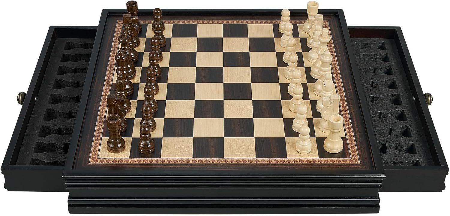 BIVOMON 12.5’’ Wooden Chess Set, Magnetic Chess Pieces with 2 Built-in Storage Drawers - Chess Broad Game for Beginner, Kids, Adults - 2 Bonus Extra Queens