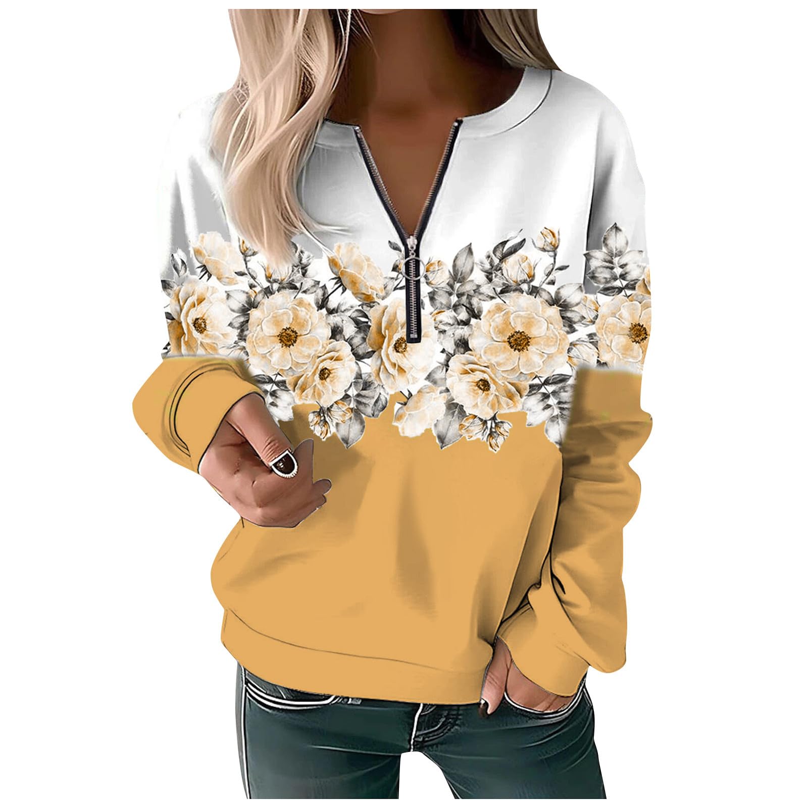 AMXYFBK Women'S Fashion 2023 Fall Long Sleeve Half Zip Pullover Sweatshirts Casual Basic Quarter Zipper Print Basic Shirts