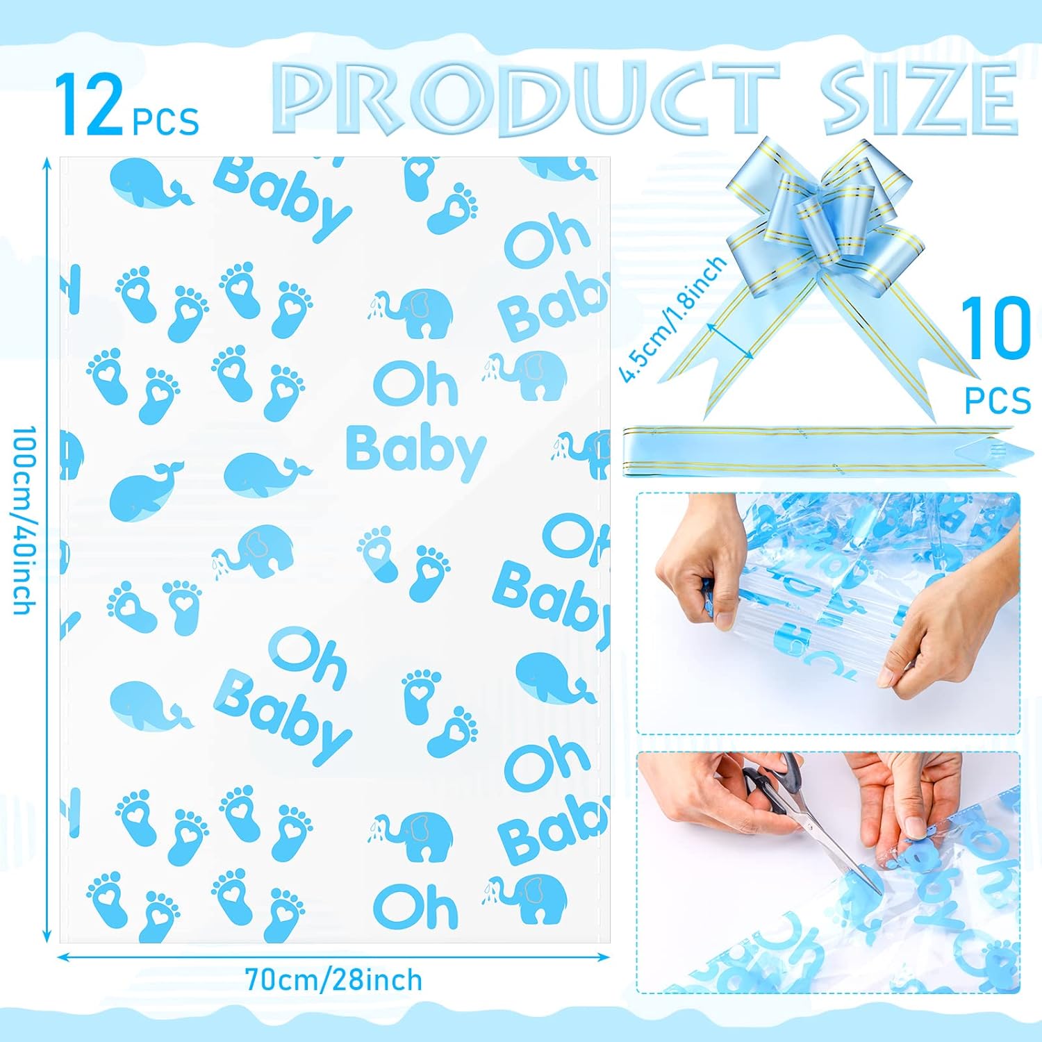 Outus 12 Pcs Extra Large Baby Shower Basket Bags with 10 Bows Ribbon 28 x 40 Inch Large Cellophane Baskets Empty Bags Jumbo Cellophane Wrap for Gift, Presents, Baby Shower(Blue) - Image 2