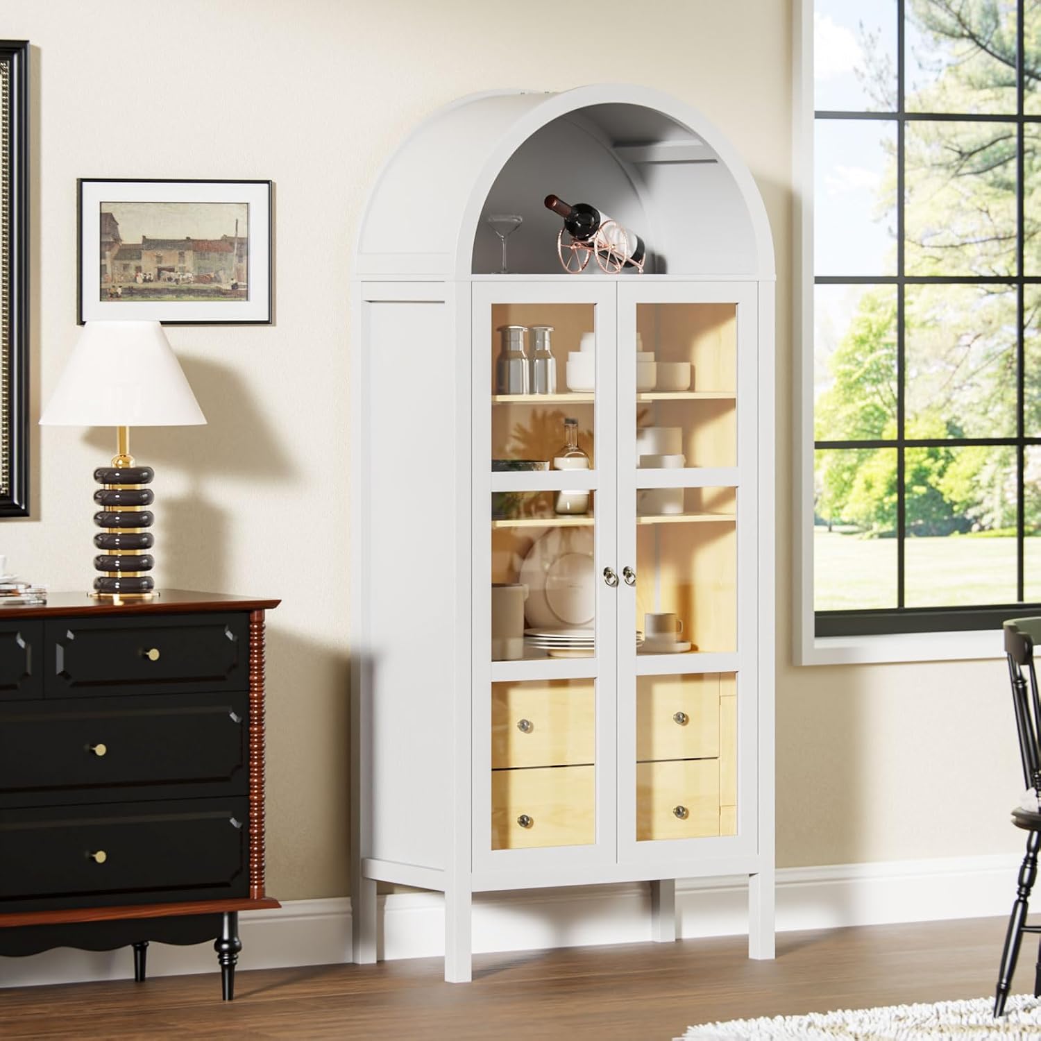 Modern Arched Cabinet with Auto Sensor Light and Glass Doors, 72" Tall Farmhouse Storage with Grain, Perfect for Living Room, Display Your Favorite Books, and Art Collections, White