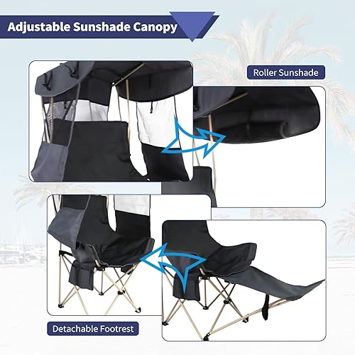 Miniatura 3 de Sillas plegables para acampar al aire libre silla de playa portátil deportiva con toldo, sillas de playa con sombrilla para adultos, silla de