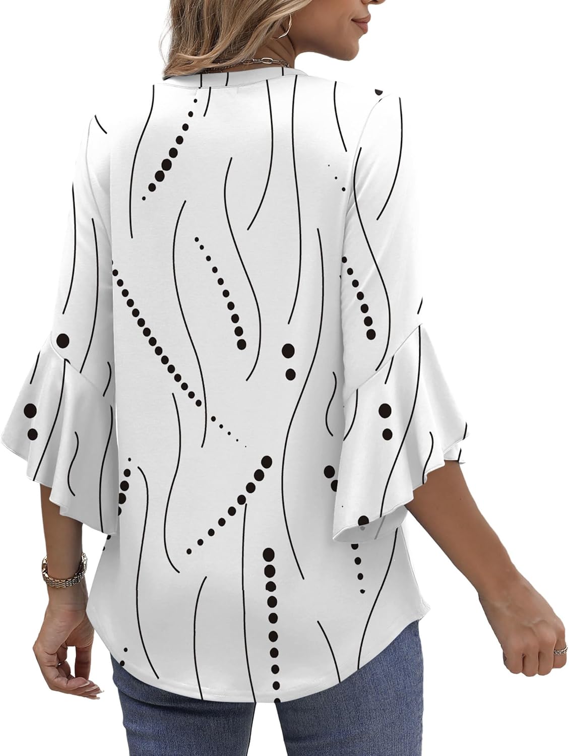 OFEEFAN Blouses for Women Dressy Casual 3/4 Length Sleeve Womens Tops V Neck Tshirts Shirts with Flared Sleeve - Image 4