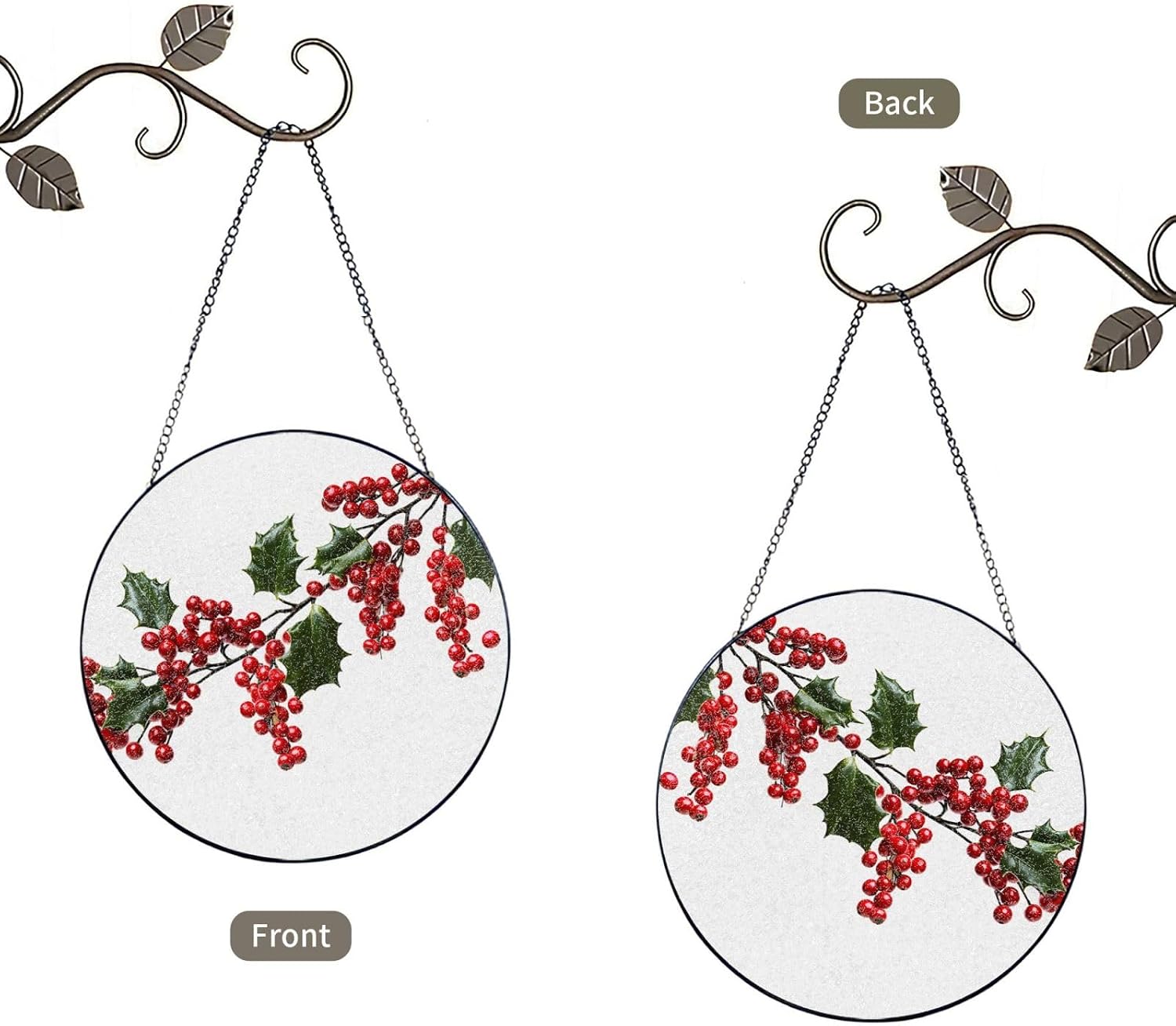 Holly Berry Branches Stained Glass Suncatcher for Window Hanging Sun Catcher Ornament for Women Men Suncatcher for Home Decor, 4in（10cm） Round Glass Ornament for Mother's Day Birthday Gift