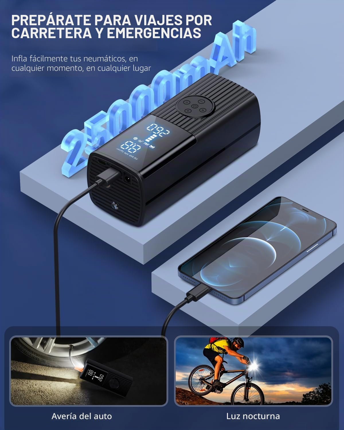 Compresor de aire portátil inflador de neumáticos, compresor de aire portátil de 180 PSI con batería de 25000 mAh, bomba de aire inalámbrica de inflado rápido 3X para coche, motocicleta, bicicleta
