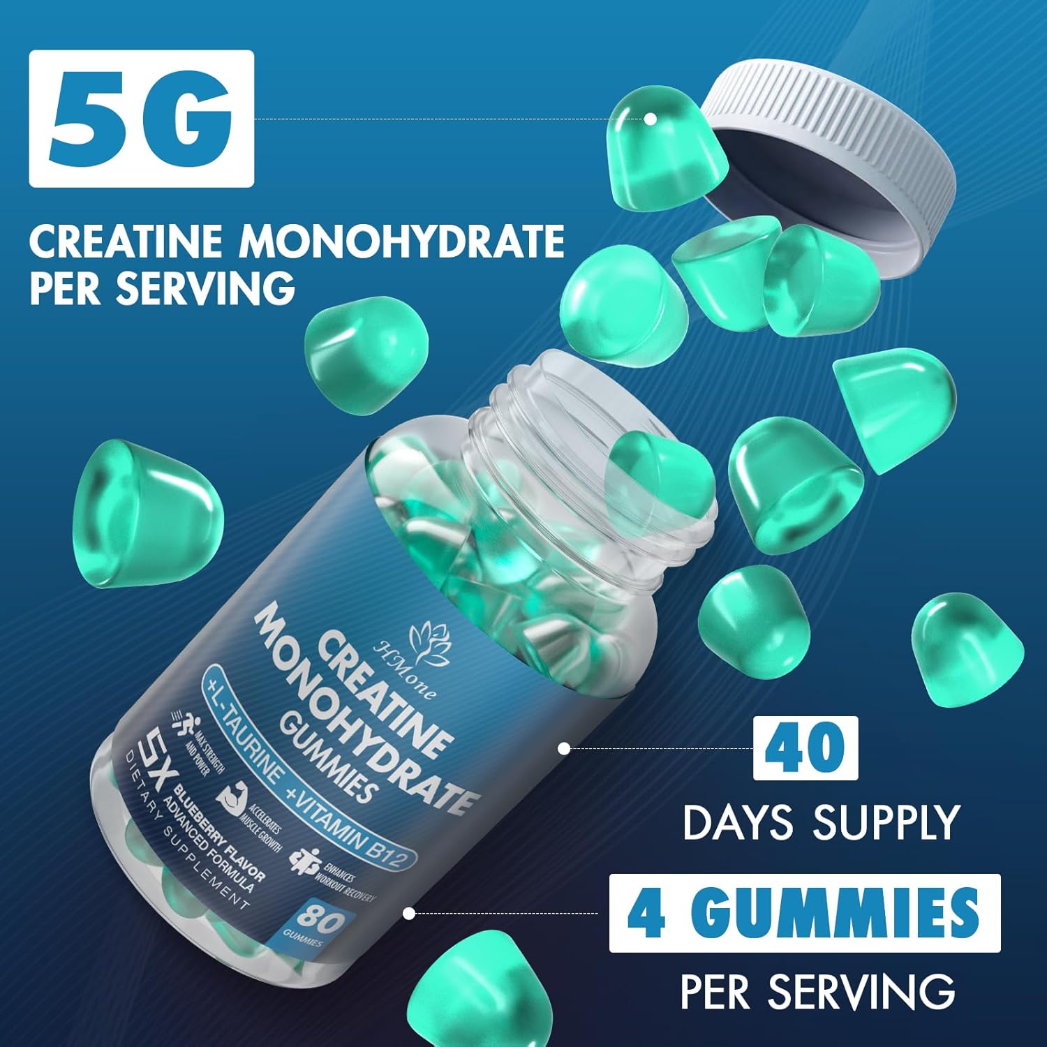 Creatine Monohydrate Gummies - 5g for Men & Women, 160 Count and Creatine Chewable Supplements for Muscle Gain, Muscle Strength, Energy Boost, and Muscle Builder, Sugar Free, Vegan (Blueberry) - Image 2