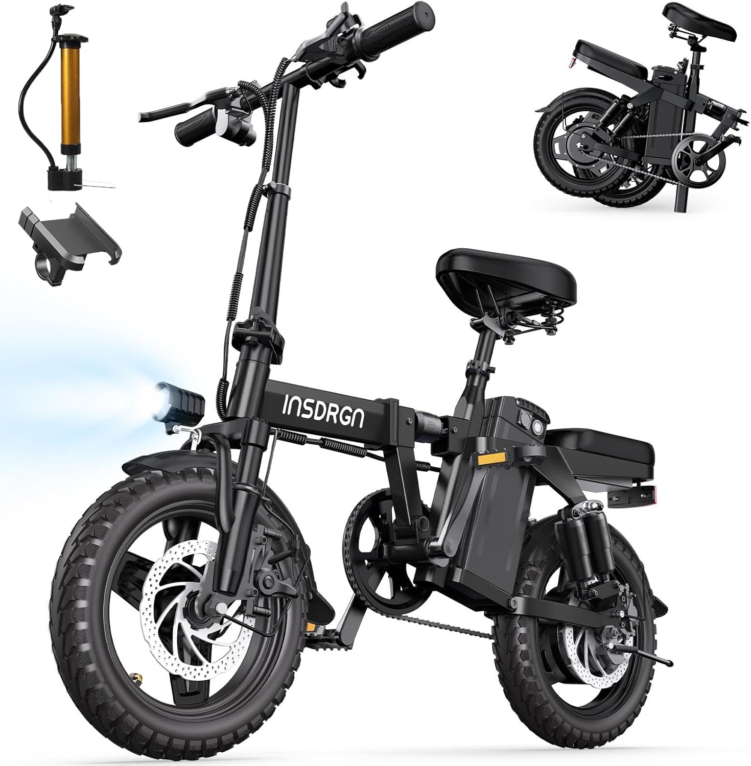 Electric Bike for Adults Peak 650W, 20 MPH Folding E Bike, 48V Removable Li Battery Ebike, Top 45 Miles PAS Range, 14" Fat Tire Bikes, with USB Charging Phone Holder, UL2849 Certified