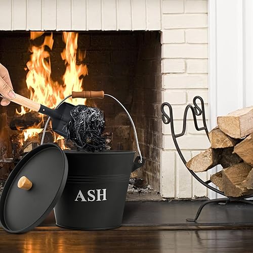 Miniatura 3 de Cubo de cenizas con tapa, pala y escoba de mano, cubo de metal para chimenea de 1.5 galones, base reforzada y lata de cenizas, hoguera, estufa de