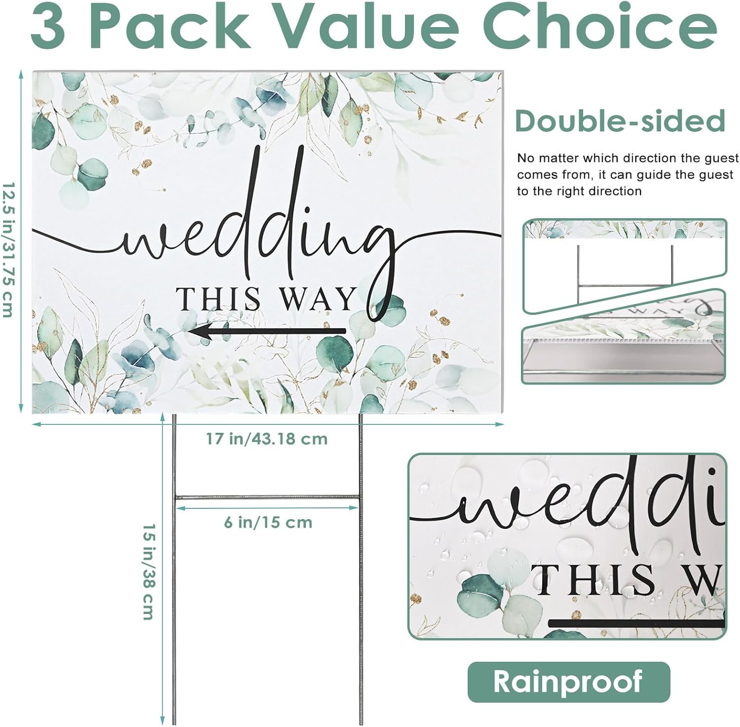 3 Pack 17''×12.5'' Wedding This Way Signs Double Sided Printed Wedding Directional Parking Sign with Stakes for Ceremony Reception Lawn Yard Arrow Signs Plastic Rainproof Party Supplies,Green Leaf