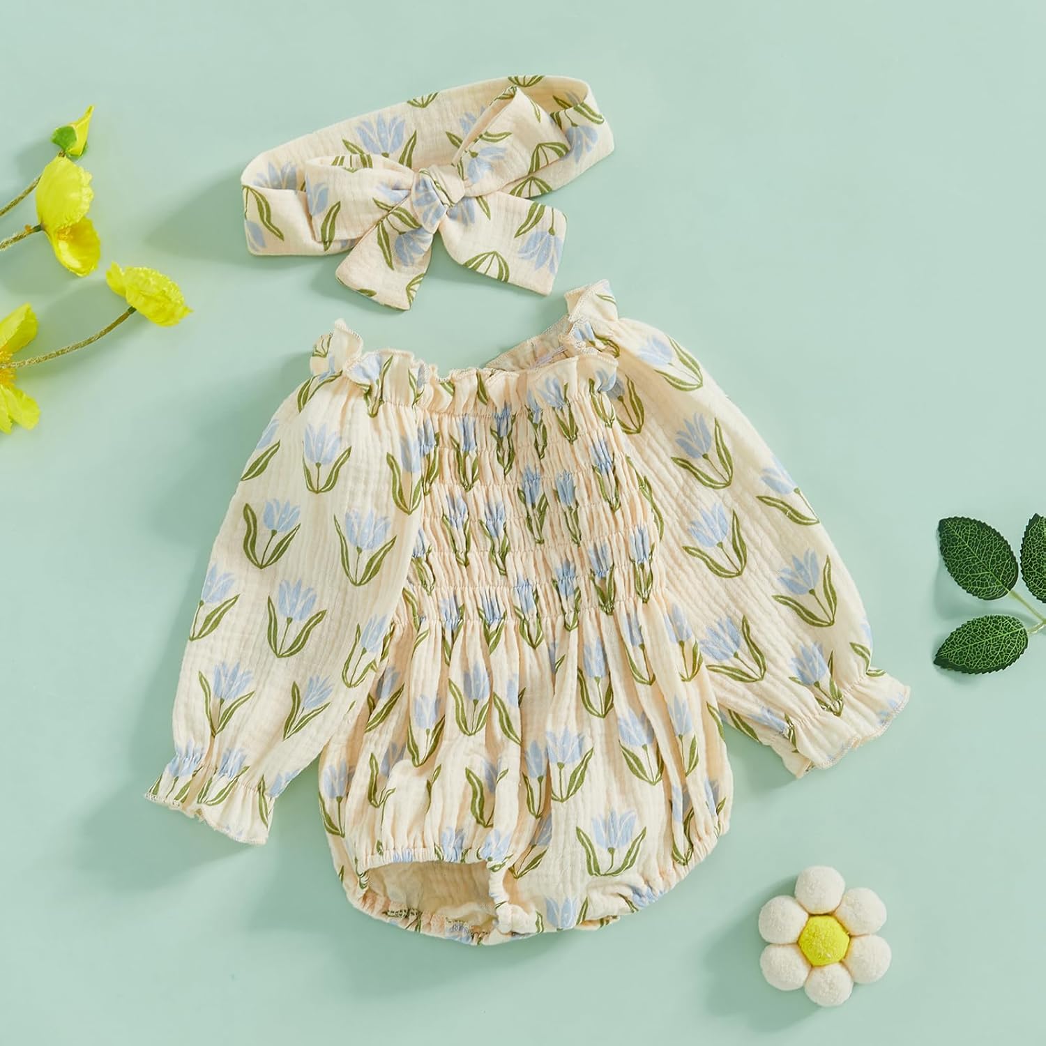 Infant Baby Girl Linen Romper Smocked Bubble Bodysuit Frill Trim Ruffle One-Piece Jumpsuit Casual Cute Summer Clothes - Image 2