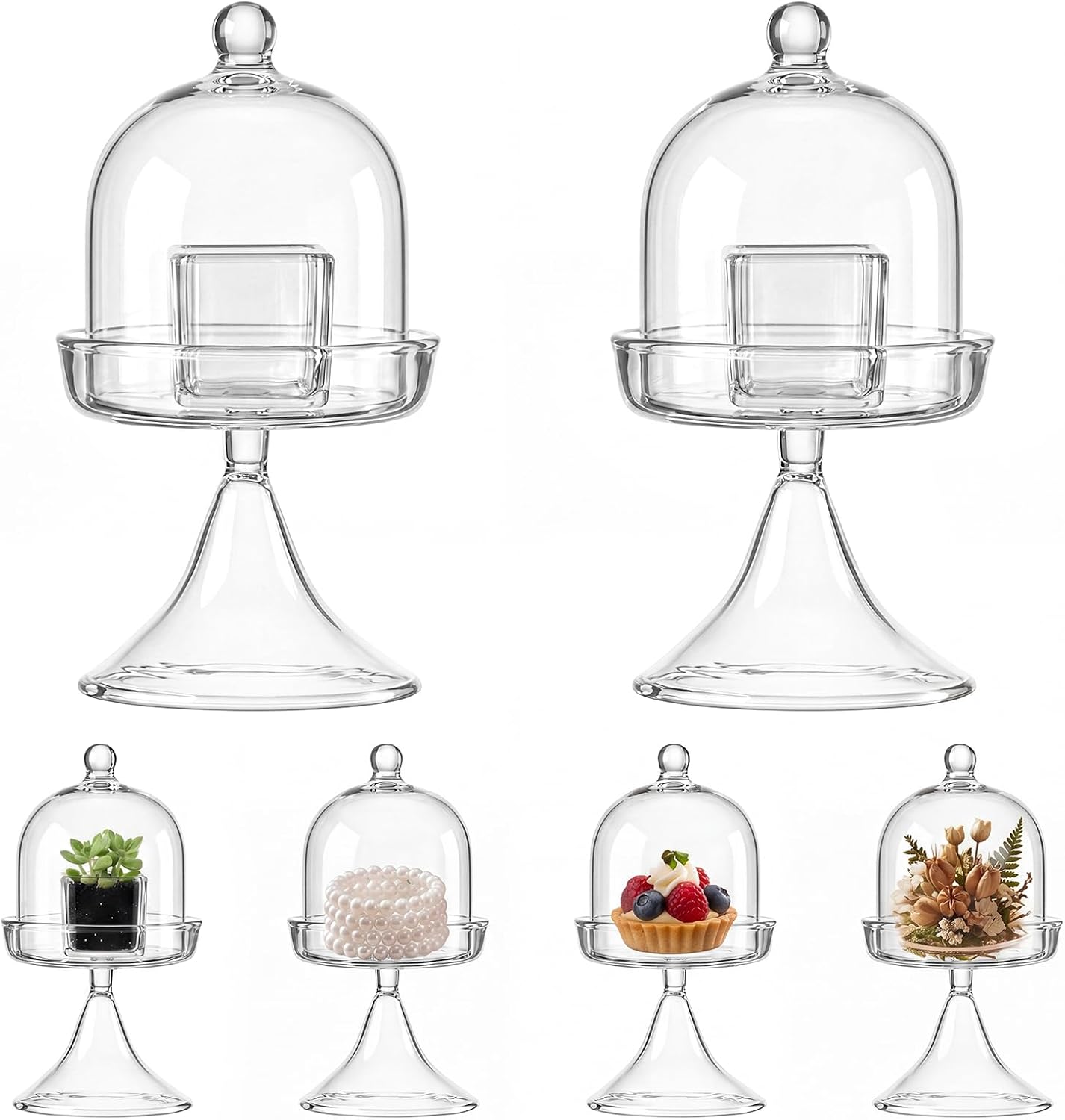 6 Pack Mini Glass Cloche with Base Bell Jar Dome & Acrylic Cube Planter 2.7 x 2.7 x 5'' Clear Glass Terrarium for Succulents Moss Cakes Miniature Dioramas Specimens Jewelry Rings Display