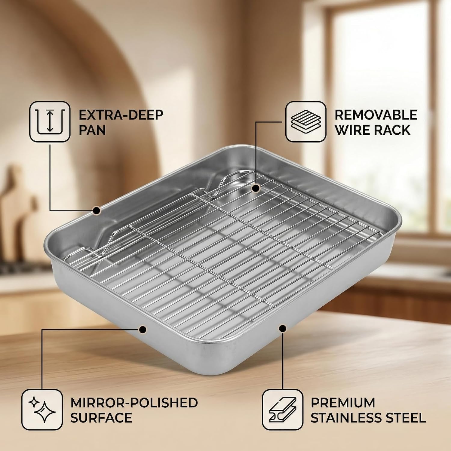 AUNMAS Roasting Pan with Rack, 9.25x6.9Inch Stainless Steel Rectangular Baking Pan Roaster Set for Cooking, Baking and Easy Cleanup(23.5 * 17.5 * 5CM)