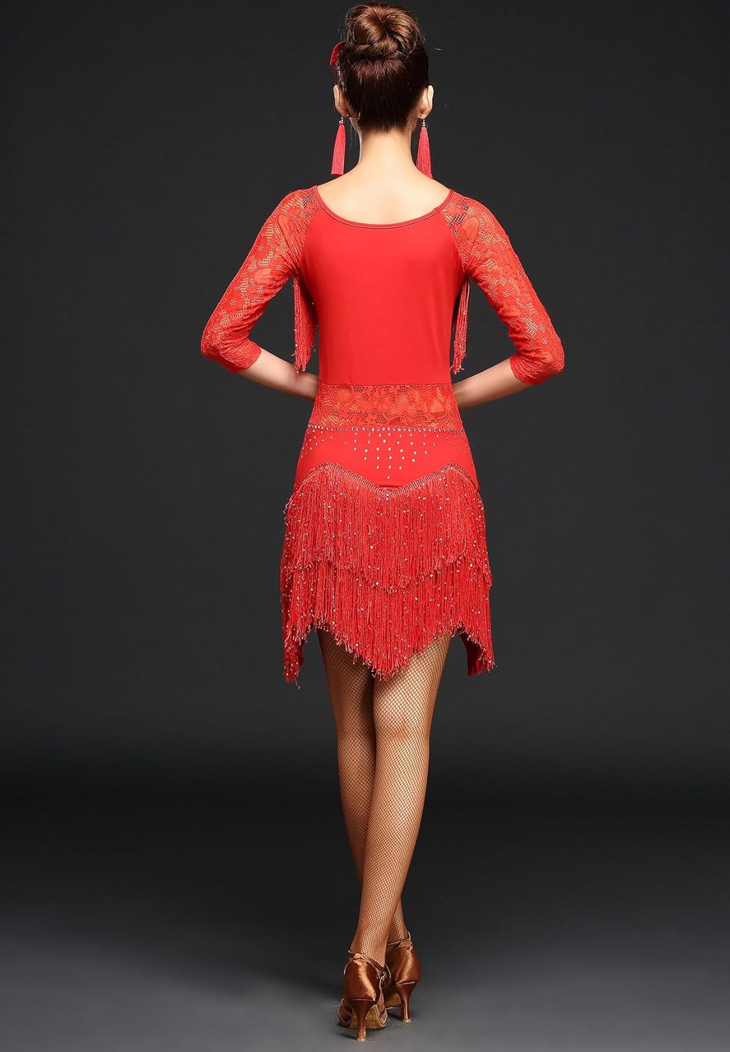 Whitewed Lace Fringes Dance Recital Salsa Latin Tango Dress Costume with Sleeves