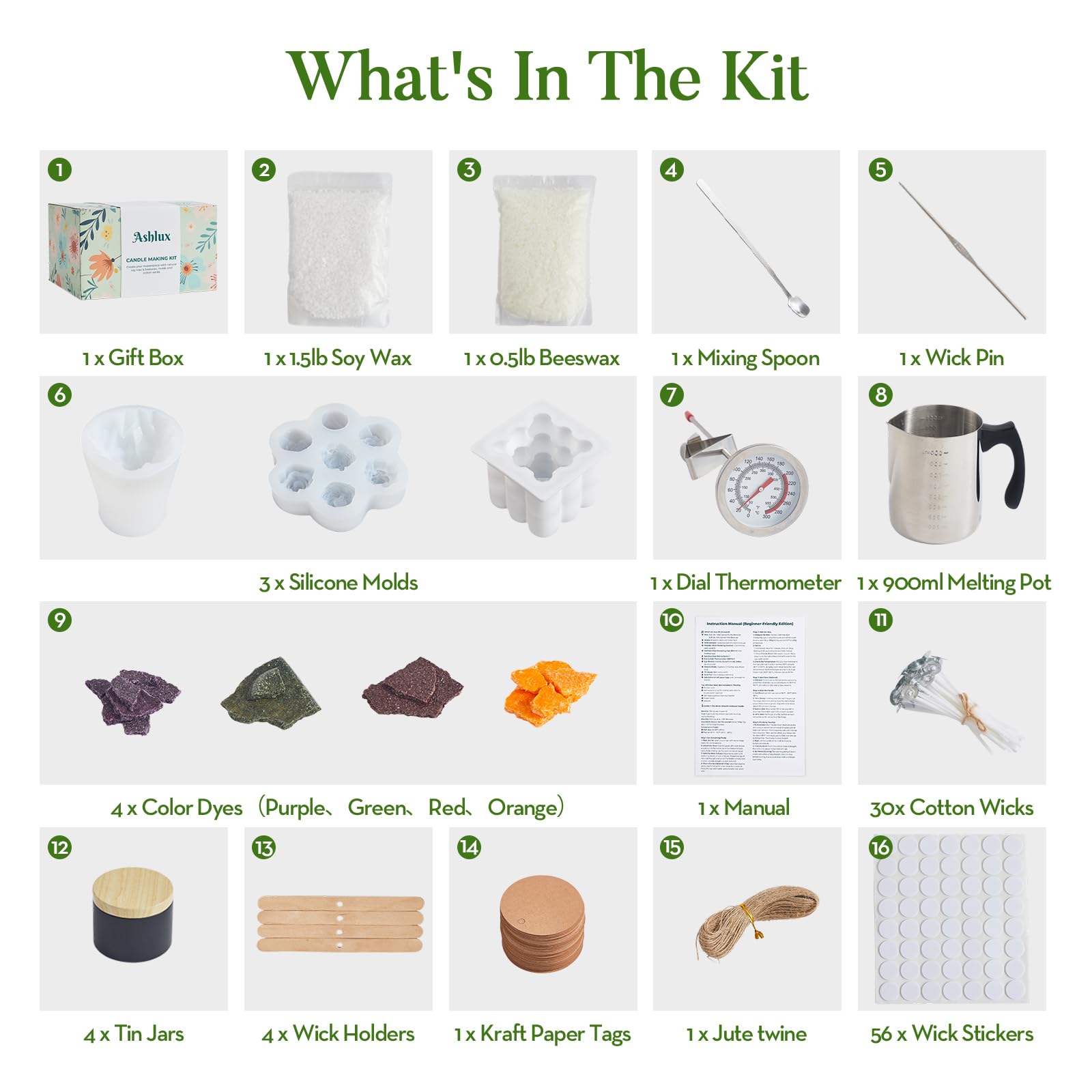 Ashlux Kit per realizzare candele con cera di soia e cera d'api, accessori fai da te, include coloranti colorati, stampi, termometro a quadrante, facile per adulti e principianti, ideale per arte