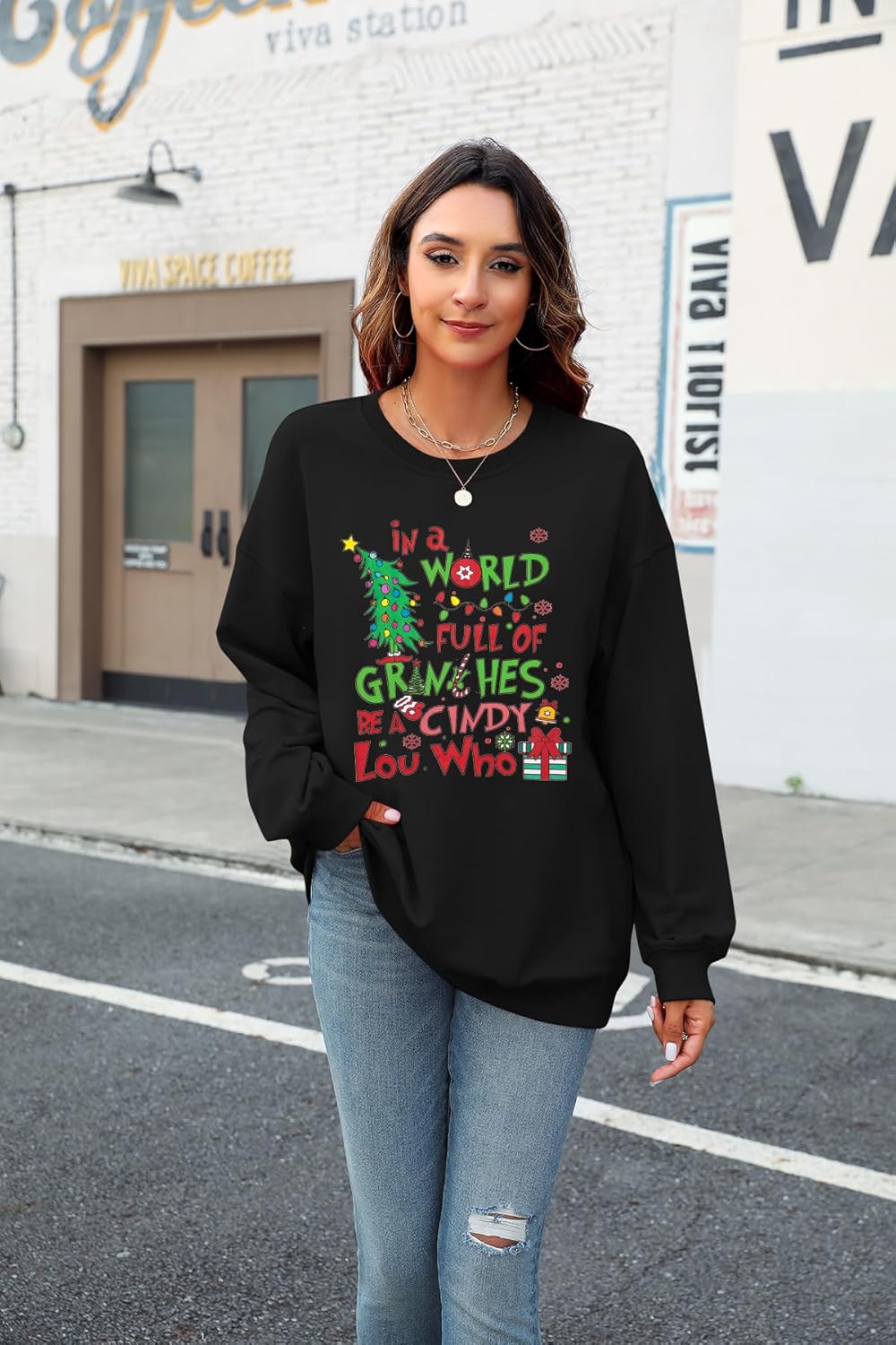 KIMSOONG Christmas Sweatshirt for Women Be A Cindy Lou Who Shirt Cute Christmas Graphic Tshirts Oversized Long sleeve Tops - Image 5