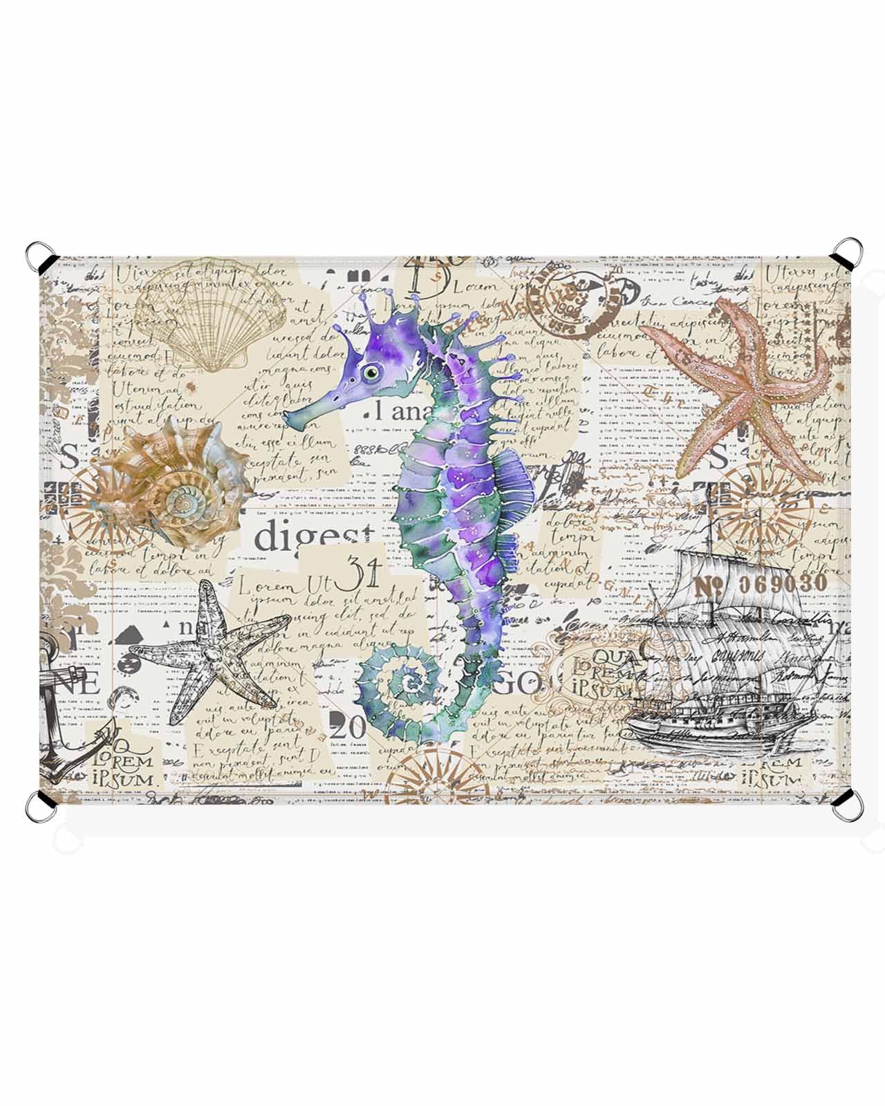 Blue Purple Seahorse Sun Sail Shades Rectangle Canopy,Sunlight Block Heavy Duty Curved Backyard Shade Cover,Waterproof Sun Shades for Patios Outdoor,6.5'x10' Nautical Boat Coastal Starfish Shell