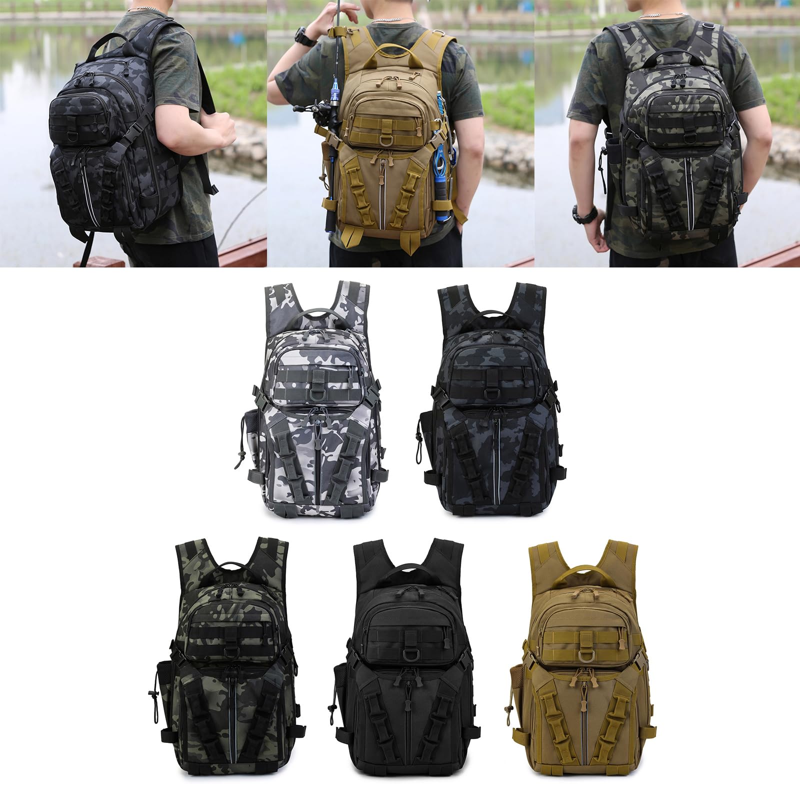 Angelrucksack mit großer Kapazität, Taktische Camping Reise Schultertasche für Outdoor Camping und Wanderausrüstung