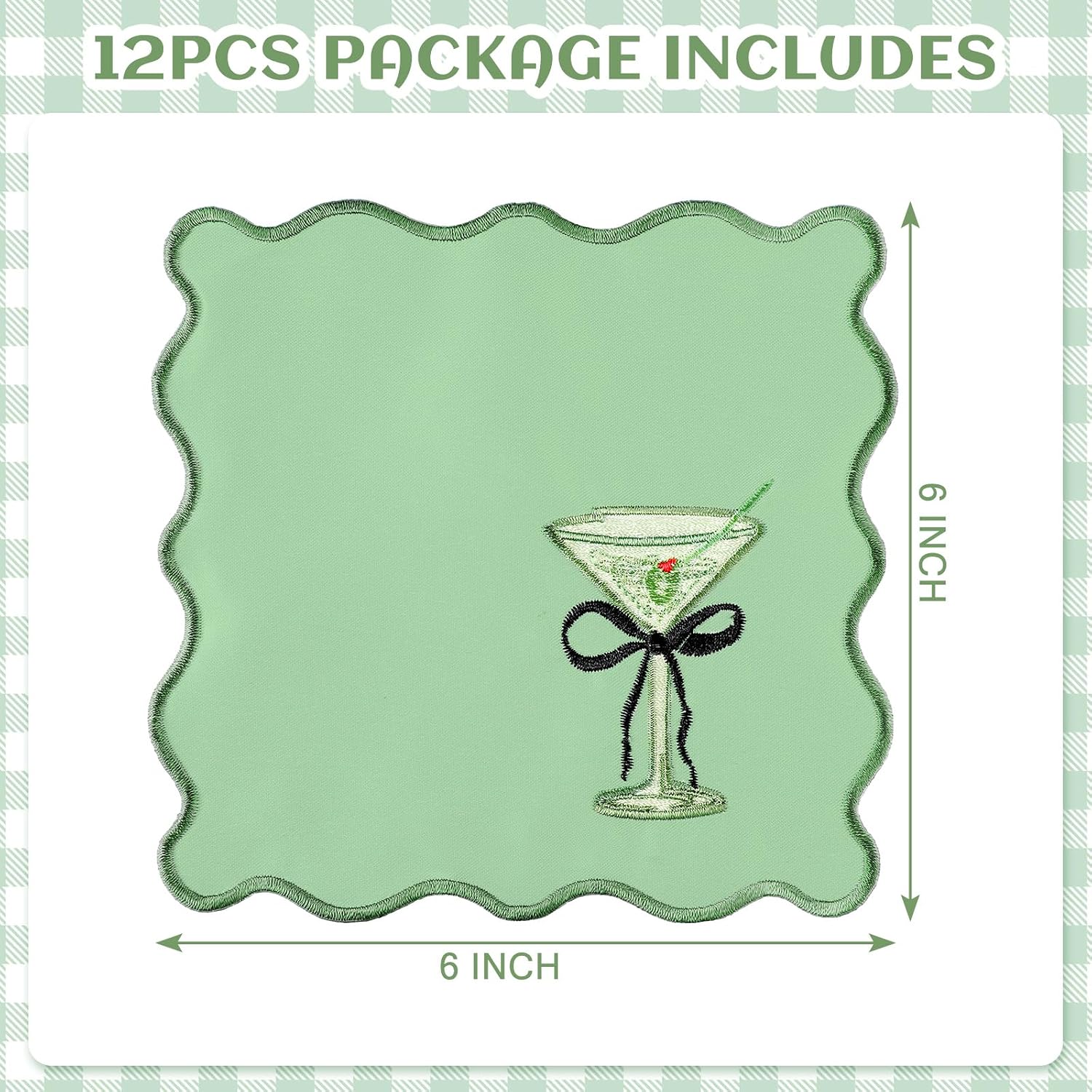 Dunzoom 12 Pcs Martini Cocktail Napkins Cloth Scalloped Embroidery, Green