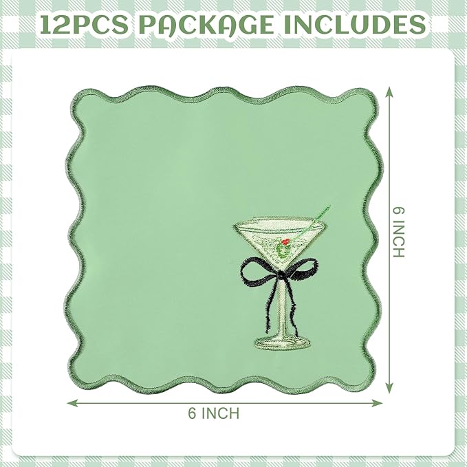 12 Servilletas de Cóctel Martini Bordadas 6x6" Satín Poliéster Verde miniatura 3
