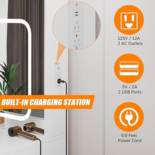 Miniatura 8 de GarveeLife Vanity Desk with Sliding Mirror & LED Lights, Makeup Dressing Table with 4 Drawers, Storage Shelves, Power Outlet & Stool, 3-Color