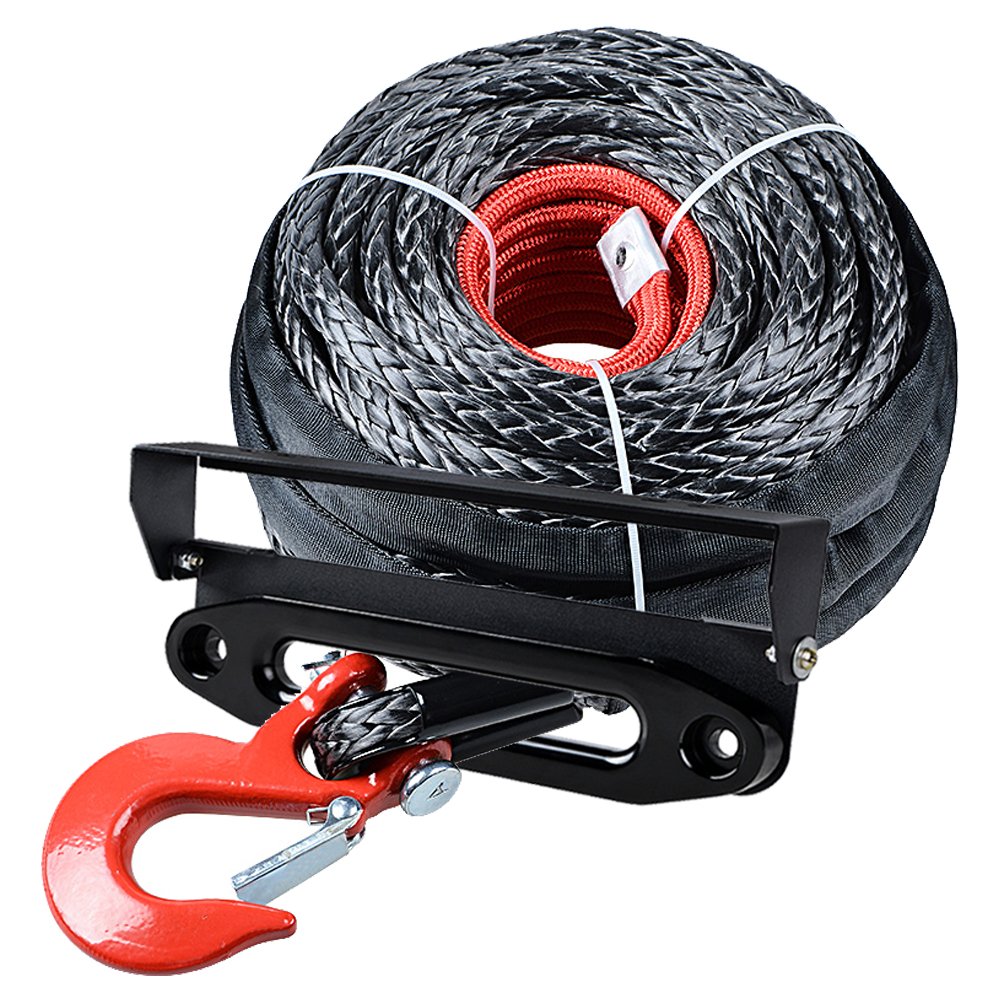 amopacorp Set 92 feet 1/2 inch Recovery Synthetic Winch Rope with RED Hook and 10 inch Anodized Black CNC Machine Aluminum Hawse Fairlead with 254mm Flip-Up License Plate Holder Kit