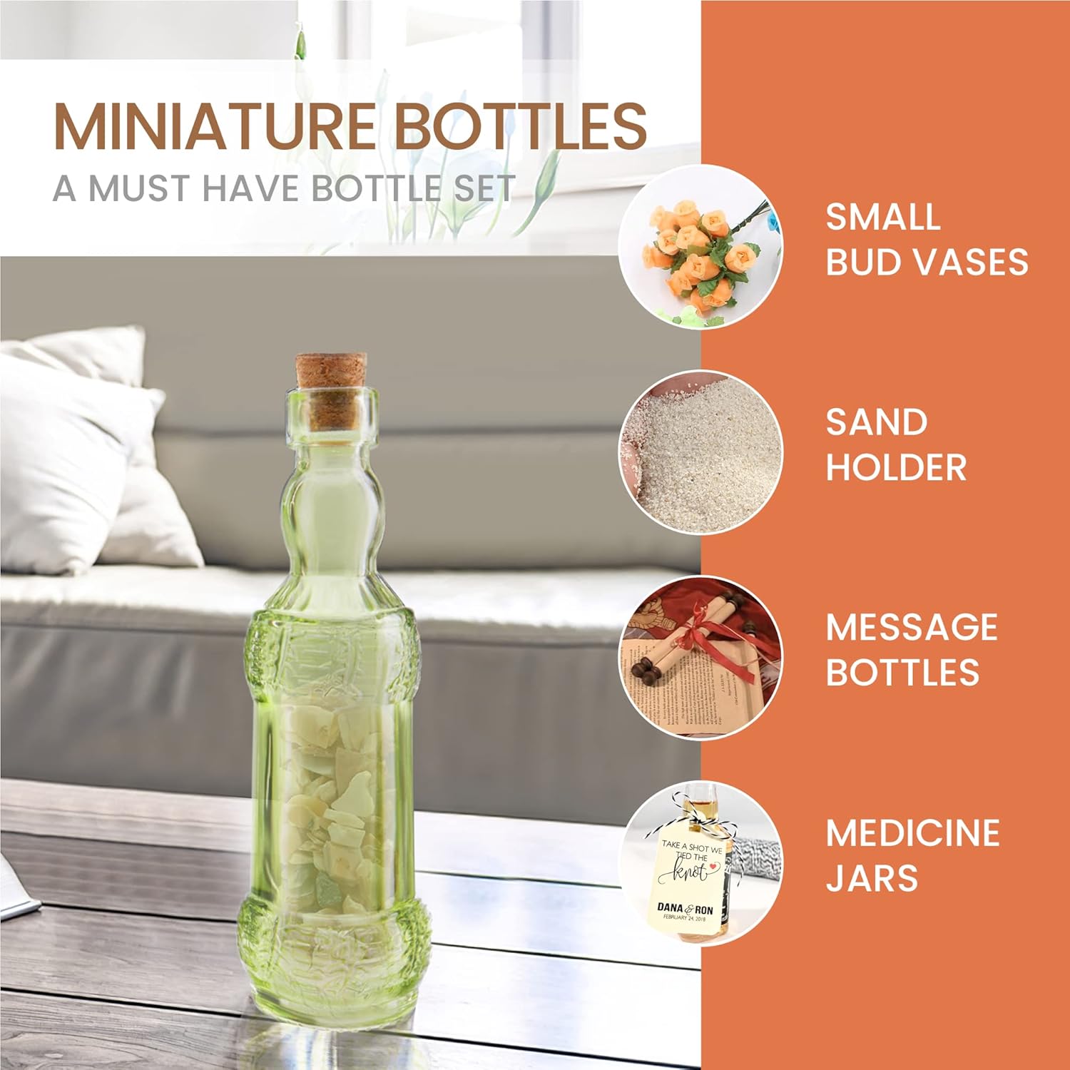 BULK PARADISE Small Mini Green Vintage Glass Bottles with Corks, Mini Vases, Decorative, Potion, Assorted Design Set of 12 pcs, 4.6 Inch Tall (11.43cm), 1.4 Inch Wide (3.56cm)