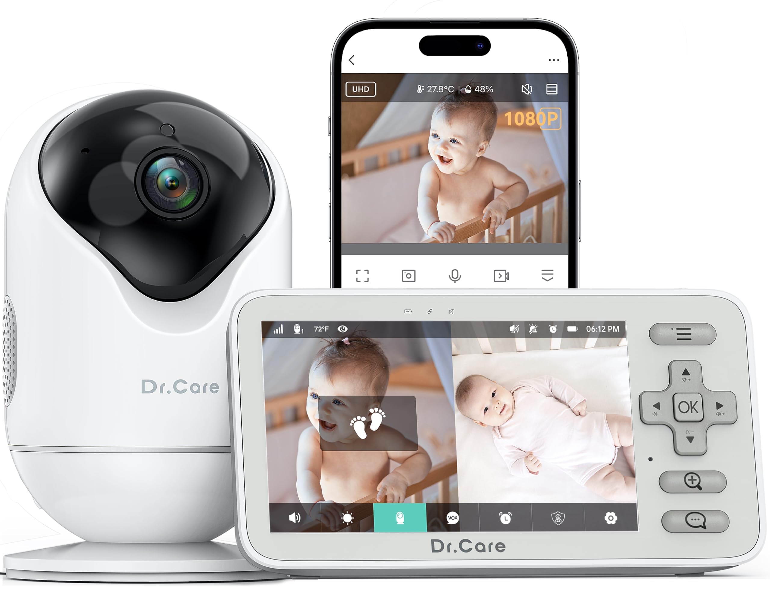 Dr. Care VistaView Lite Smart WLAN - Babyphone mit 2 Kameras, 4" 720P Split-Screen, 1080P Kamera, App-Steuerung, Bewegungsalarm, Nachtsicht, 3000mAh Akku, 2-Wege-Audio, 390m Reichweite