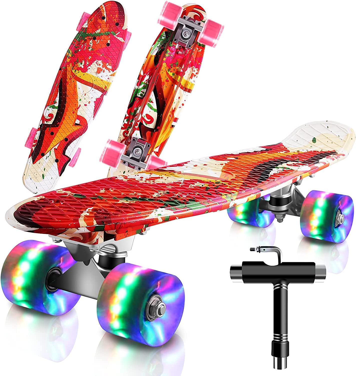 Monopatín Skateboard Completo Niños con 4 Ruedas LED para Niño y Niña Penny Board Mini Cruiser de 55CM con Herramienta T de Patinete Todo-en-uno