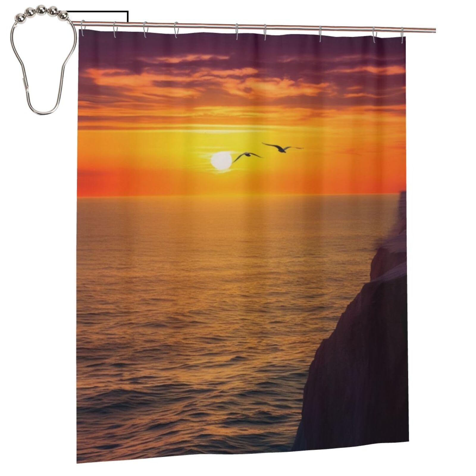 BWWHCCTI Beautiful Sunset Sea Printed Shower Curtain With 12 Iron Hooks Opaque Quick Drying Waterproof Shower Curtains Sets For Bathroom 152x183 Cm