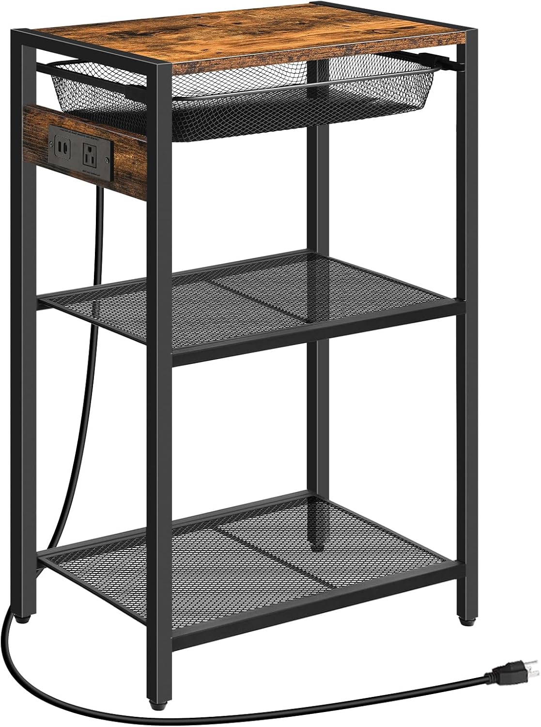 HOOBRO Tall End Table with Charging Station, Industrial Telephone Table with Adjustable Metal Storage Basket, Tall Nightstand for Living Room, Bedroom, Office, Rustic Brown BF06UDH01