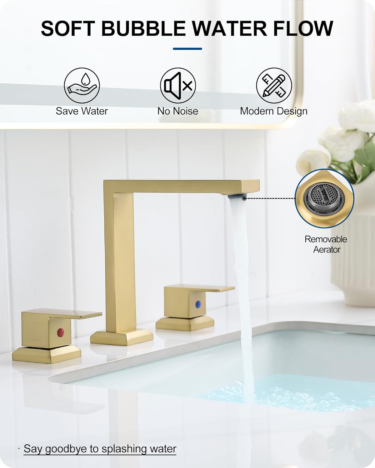 8 Inch Brass Bathroom Faucet 3 Hole, 2 Handle Brushed Gold Faucets for Bathroom Sinks with Pop up Drain, Pre-Installed cUPC Water Hoses & Removable Aerator for Vanity, Modern, No Noise