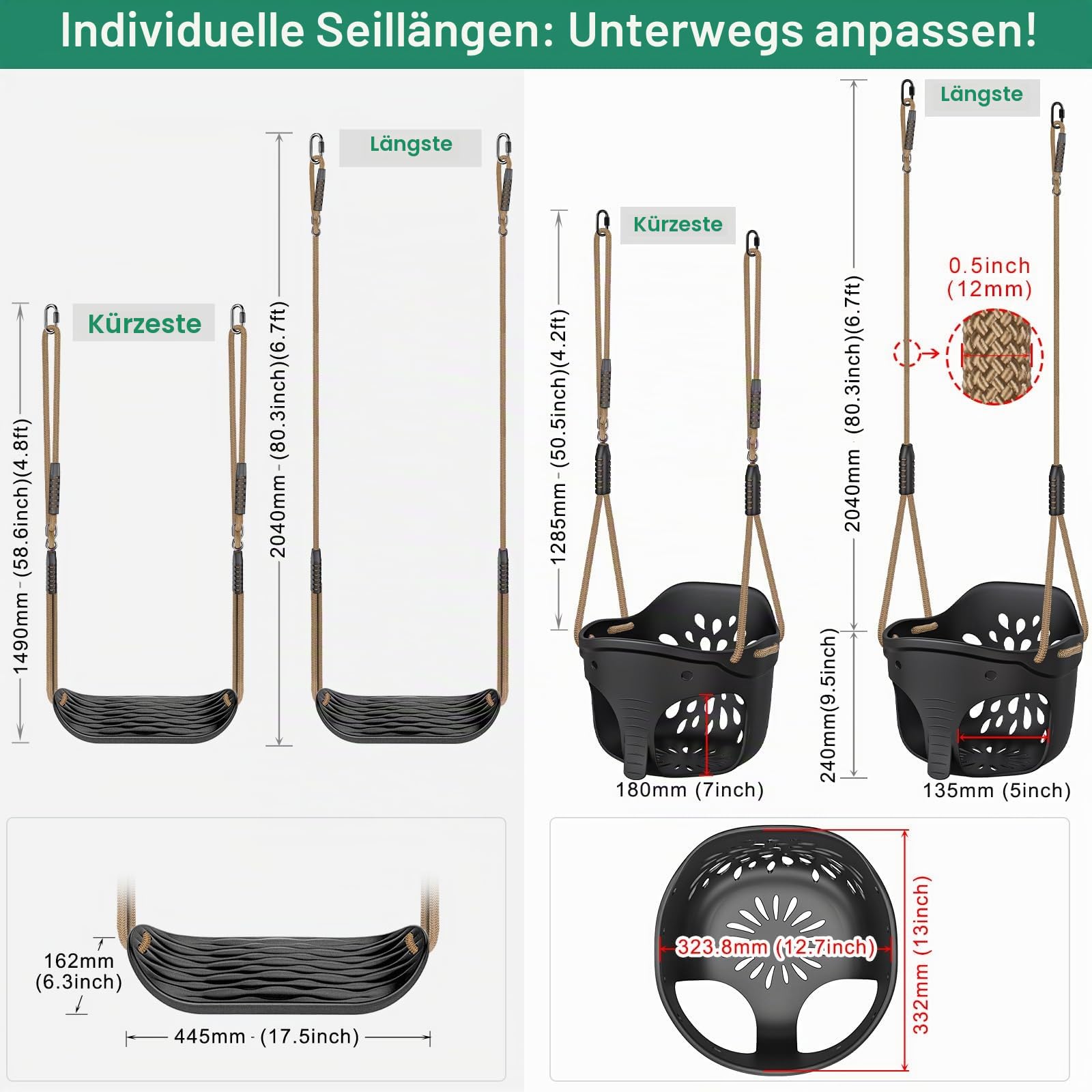 SELEWARE Schaukel Outdoor Kinder Schaukelsitz Set - Indoor Erwachsene Swing Babyschaukel Schwarz Garten Kinderschaukel Höhenverstellbar Schaukeln mit rutschfest Verstellbare Seil Schaukelbrett