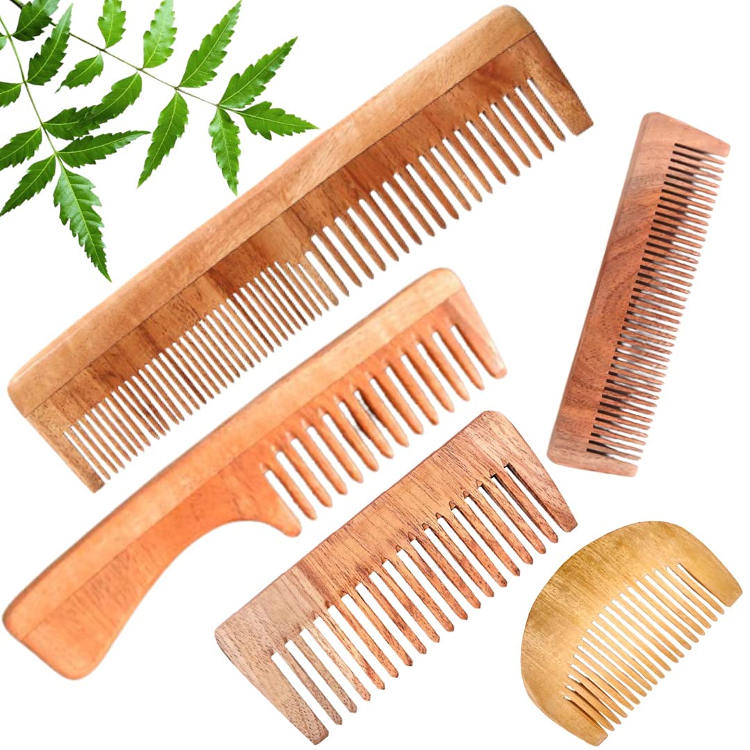 Just beleafin Natural Neem Wood Handmade Antidandruff Comb Set Of 5 (Wide,Dual,Handle,Moon,Pocket)