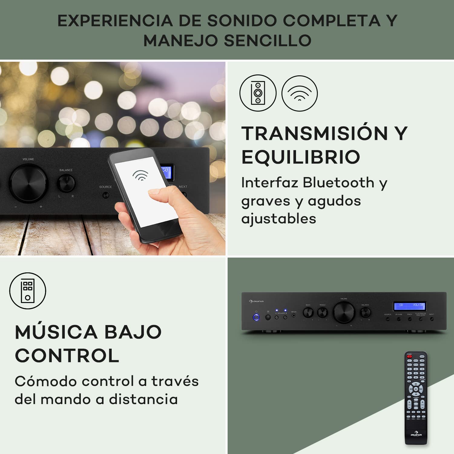 Auna Amplificador Audio Bluetooth para Equipo de Musica, Amplificador HiFi, AV y Control de Agudos y Bajo, Amplificadores Sonido con Subwoofer, 2 Canales de Audio y Altavoz con Mando a Distancia