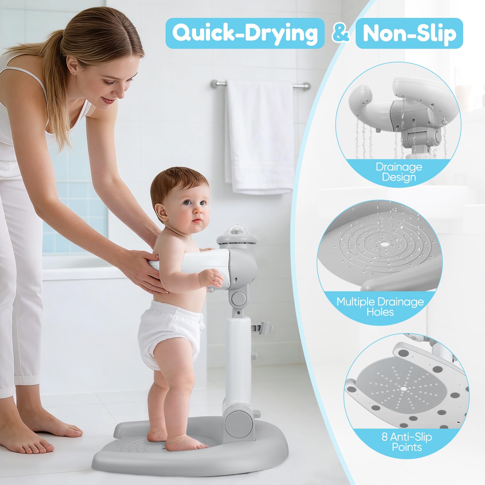 Support de douche réglable pour enfants, support de douche pour bébé, pliable 2 en 1 avec tabouret