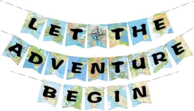 WERNNSAI Bon Voyage Party Decorations - World Map Pennant Let The Adventure Begin Bunting Banner for Birthday Baby Shower Graduation Retirement Travel Themed Party Supplies