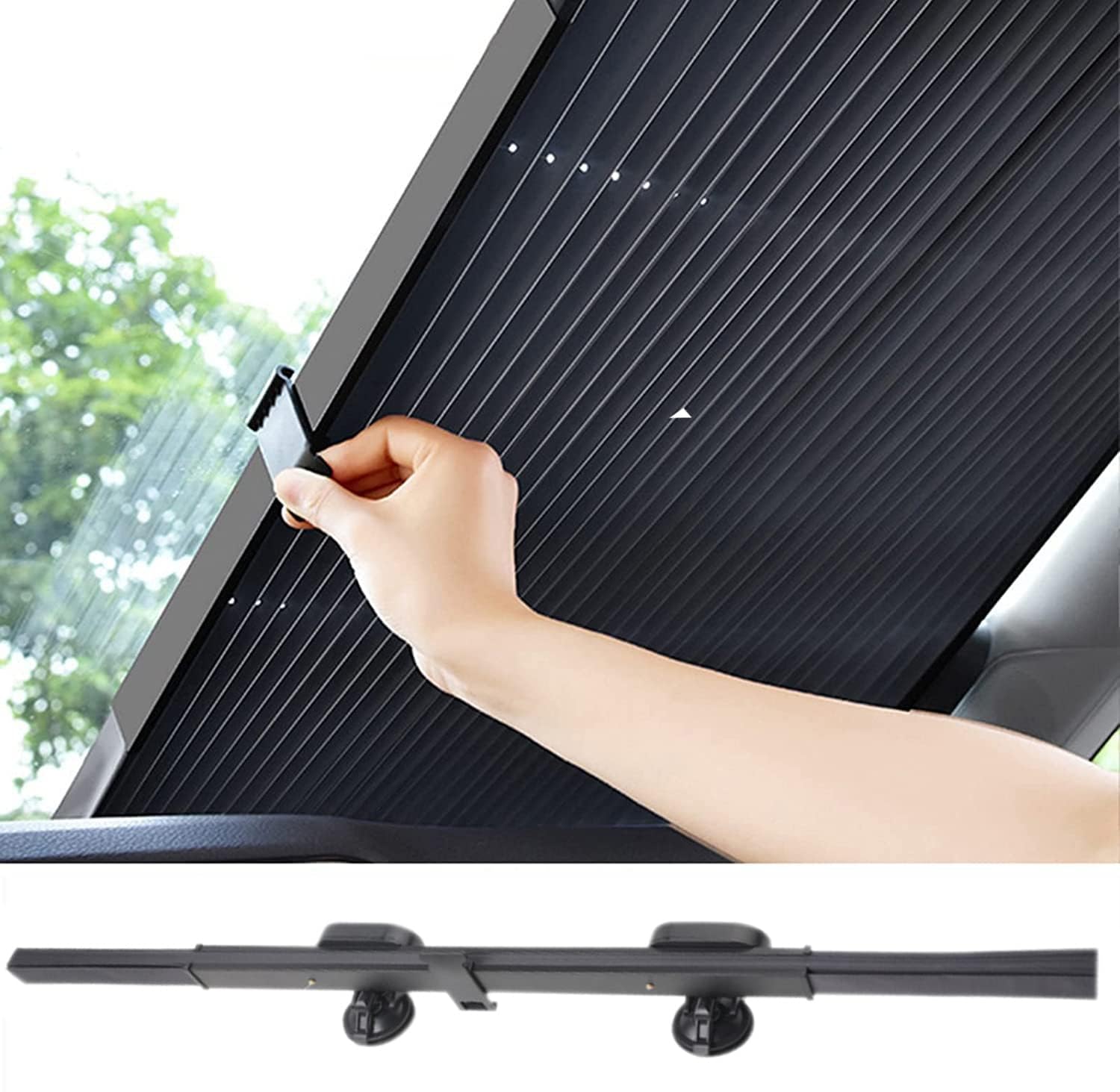 TERRIFI Auto Sunshade, Retractable Windshield Sun Shade, Quick Install Durable Breathable Mesh Cover, Suitable for UV Sun Protection, Keep Your Vehicle Cool, Overnight Camping Trip