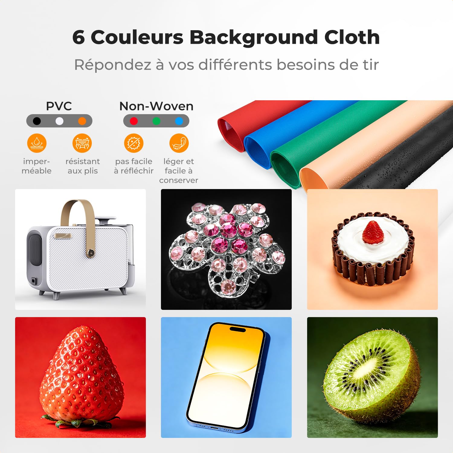 K&F CONCEPT Ensemble de Studio Photo Pliable, Kit d’éclairage Boîte à Lumière Dimmable 5600K avec Fond PVC 6 Couleurs, Alimentation USB 5V/2A pour Photographie de Bijoux Petits Objets (60cm)