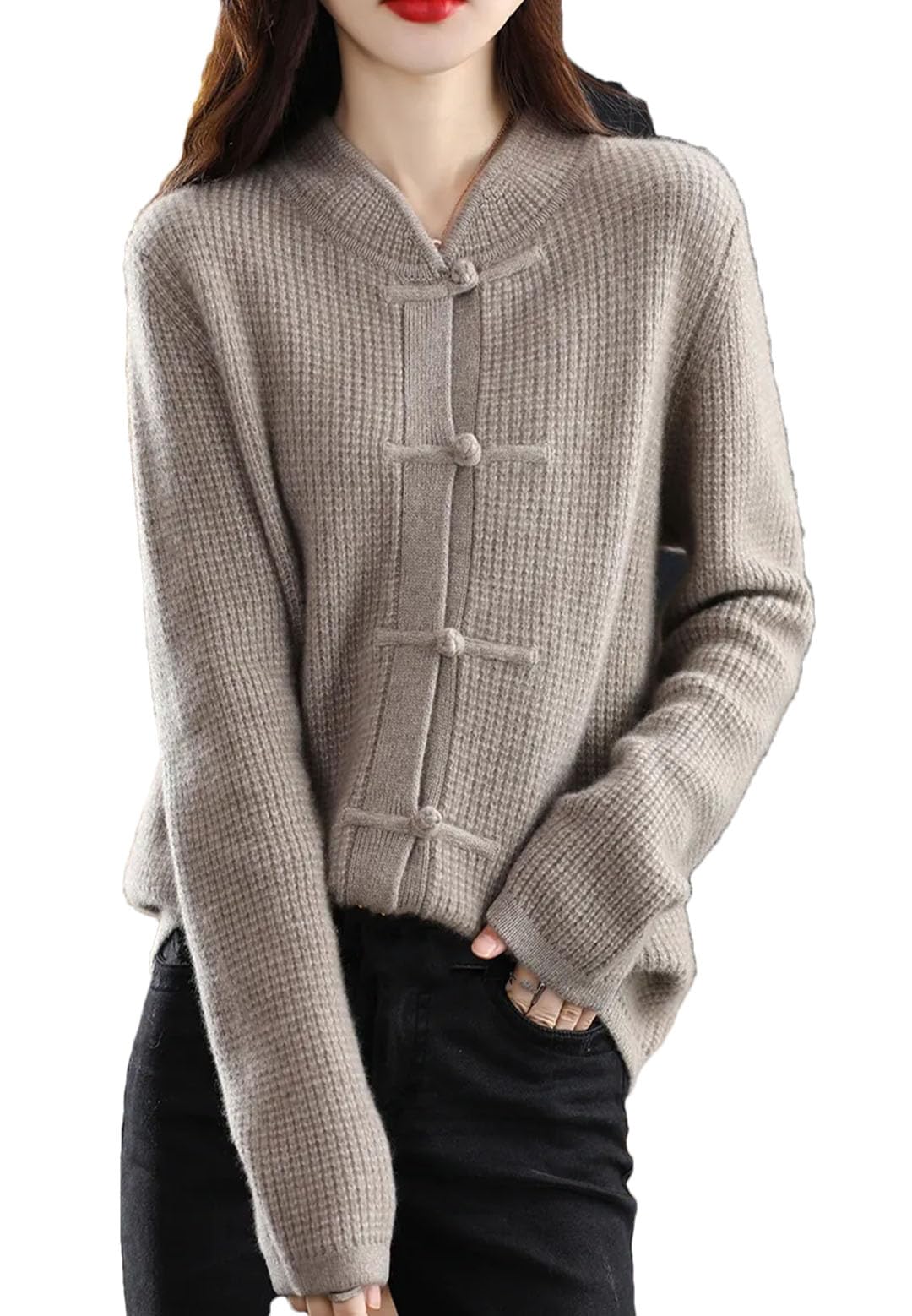 Cardigan en Laine pour Femmes, Veste en Cachemire Tricotée À Col Mi-Haut, Décontractée