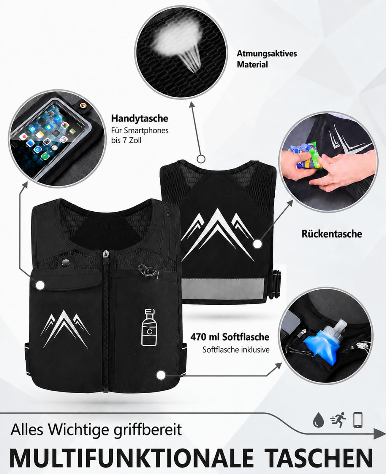 Laufweste mit Trinkflasche 470 ml, Trinkweste Laufen Damen Herren, ultraleichter Laufrucksack 156 g mit wasserdichter Handytasche, reflektierende Running Vest für Joggen, Trailrunning, Marathon