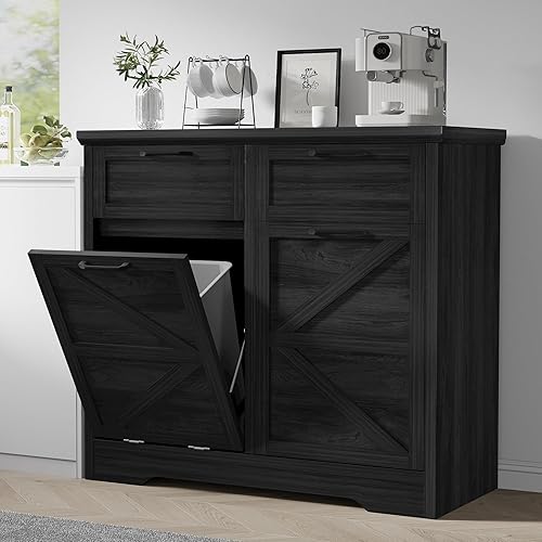 20 Gallon Tilt Out Trash Cabinet: Push-Open Recycling Station with Drawer & Laundry Sorter - Free Standing Garbage Can Cabinet for Kitchen, Living Room - Black Oak (No Trash Cans)
