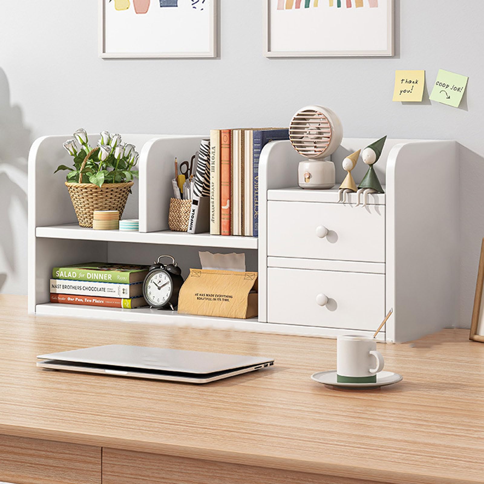 Schreibtischregal aus Holz mit Schubladen, multifunktionaler Aufbewahrungsschrank fürs Homeoffice, 62 x 17 x 30 cm – stilvolles Regal für die Arbeitsplatte, ideal für Studentenwohnheim und C