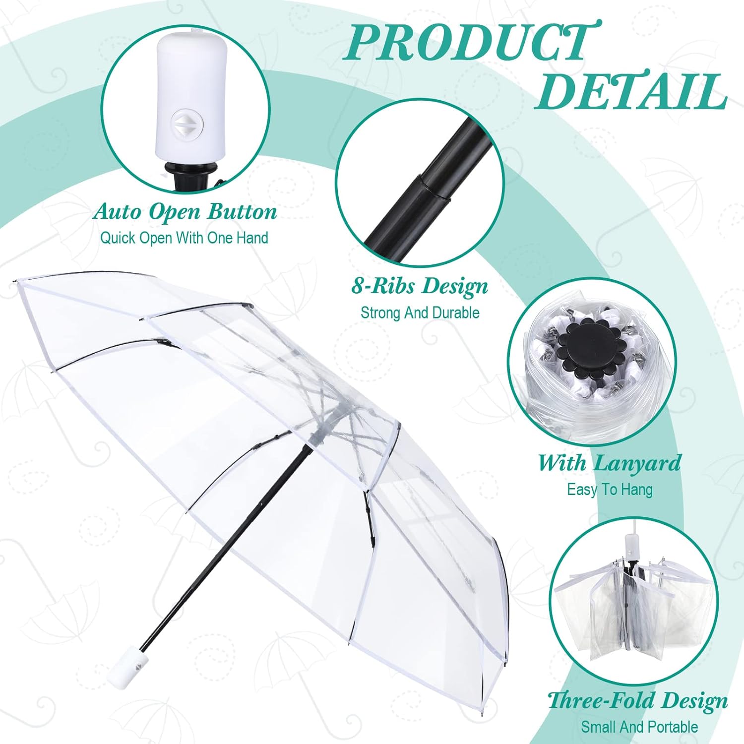 Sanwuta 12 Pcs Transparent Folding Umbrella Full Automatic Clear Foldable Auto Open Close Umbrellas for Rain Wedding