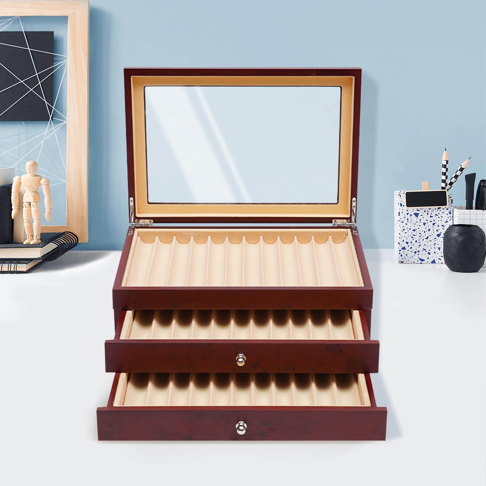 34 slot portapenne, scatola per display con parte superiore trasparente, vetrina a tre livelli, contenitore portapenne, scatola portaoggetti, in legno, 31 x 21 x 12,5 cm, rosso